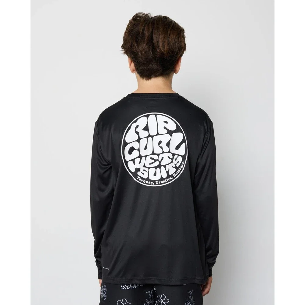 Rip Curl Icons Rash Vest Boy 16 Black Surflite Swimwear Crewneck Pullover JDM621